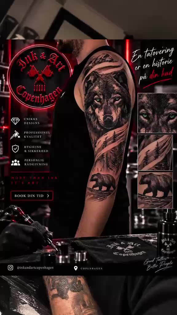 Ink & Art-plakat med en tatoveret overarm — ulv, bjørn og skov i sort og gråt.